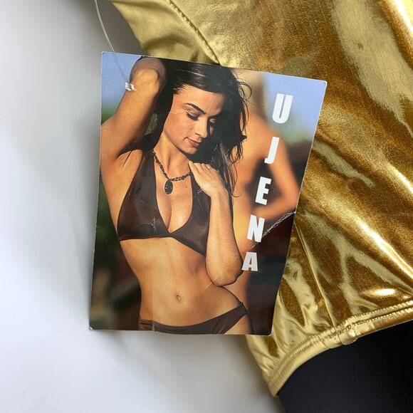 Vintage 90s Ujena Plunge Cut Halter Neck One Piece Swimsuit Sz 6 Gold Metallic - Picture 3 of 5